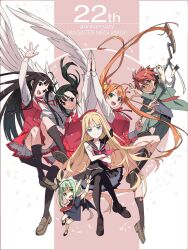 1girl 5girls akamatsu_ken albert_chamomille anniversary bat_wings bell black_eyes black_hair blonde_hair blue_eyes breasts brown_eyes chachazero convenient_censoring crossed_arms crossed_legs english_text evangeline_a.k._mcdowell feathered_wings formal_clothes green_eyes green_hair hair_bell hair_ornament heterochromia highres kagurazaka_asuna konoe_konoka loafers long_hair long_sleeves looking_at_viewer mahou_sensei_negima! medium_breasts multiple_girls neck_ribbon neckerchief necktie negi_springfield open_mouth petals pleated_skirt purple_eyes red_eyes ribbon sailor_collar sakurazaki_setsuna shirt shoes short_hair skirt sleeveless sleeveless_shirt smile socks staff suit thighhighs twintails vest waistcoat wings