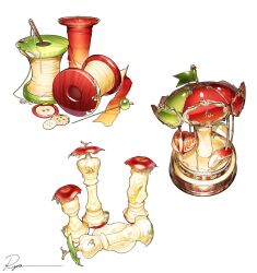 Rule 34 | apple, apple core, apple slice, buttons, chess piece, commentary, food, fruit, highres, needle, no humans, object focus, original, ryota (ry o ta), sewing needle, signature, simple background, symbol-only commentary, thread, white background