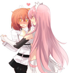 2girls @_@ blush breasts chaldea_uniform cleavage elbow_gloves fate/grand_order fate_(series) flying_sweatdrops fujimaru_ritsuka_(female) fukumitsu_(kirarirorustar) gloves hair_between_eyes hand_on_another&#039;s_face heart holding_hands long_hair maid_headdress medb_(fate) multiple_girls open_mouth pink_hair simple_background very_long_hair white_background yellow_eyes yuri