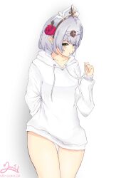 Rule 34 | 1girl, absurdres, alternate costume, flower, flower ornament, genshin impact, green eyes, hair flower, hair ornament, highres, looking at viewer, maid headdress, neratul, noelle (genshin impact), pout, solo, sweater, white sweater