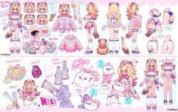 absurdres animal_ears blonde_hair blue_bra blue_panties blue_shoes bow bra breasts character_name cleavage cleavage_cutout clothing_cutout commentary copyright_name dog english_commentary english_text explosive full_body grenade hair_bow hair_ornament hairclip heart high_ponytail highres horn_speaker hyena_girl jacket kakitsubata_zero large_breasts long_hair long_sleeves multicolored_shoes multiple_views open_mouth panties pink_jacket pink_shoes pink_skirt pom_pom_(cheerleading) poma_pon_(v4mirai) ponytail reference_sheet sharp_teeth shoes sitting skirt smile standing straight-on tail teeth two-tone_shoes underwear v4mirai virtual_youtuber white_background white_nails zipper zipper_pull_tab