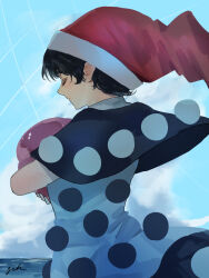1girl back black_capelet black_dress black_hair blue_sky capelet closed_eyes closed_mouth cloud cloudy_sky commentary_request day doremy_sweet dream_soul dress eneshi hat highres holding nightcap ocean one-hour_drawing_challenge outdoors pom_pom_(clothes) red_hat short_hair signature sky solo standing touhou turtleneck turtleneck_dress two-tone_dress white_dress