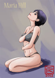 1girl avengers_(series) black_hair blue_eyes blush breasts character_name covered_erect_nipples female_focus maria_hill marvel navel panties seiza short_hair sitting solo strapless tube_top underwear underwear_only yoko_(chan360)