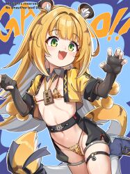 1girl :3 adversarial_noise animal_ears animal_print areola_slip banned_artist bikini black_gloves blonde_hair claw_pose colored_inner_hair cropped_jacket elbow_gloves fang female_focus fingerless_gloves gloves green_eyes highleg highleg_bikini highres jacket ju_fufu konnyaku_(kk-monmon) loli long_hair looking_at_viewer multicolored_hair open_mouth orange_bikini orange_hair print_bikini skin_fang solo string_bikini swimsuit tail thigh_strap tiger_ears tiger_girl tiger_print tiger_tail white_hair yellow_jacket zenless_zone_zero