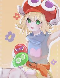 1girl 2others :d amitie_(puyopuyo) belt blonde_hair blue_flower blue_shirt blush chibi fever flower green_eyes green_puyo hat heart heart_print highres looking_at_viewer multiple_others no_sleeves open_mouth pants pink_heart purple_flower puyo_(puyopuyo) puyopuyo puyopuyo_fever puyos red_belt red_flower red_hat red_headwear red_puyo remze shirt short_hair short_pants sleeveless smile winged_hat yellow_background yellow_pants