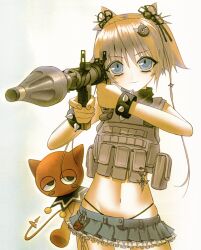 1girl absurdres black_panties blue_eyes bracelet closed_mouth cowboy_shot creature frilled_skirt frills grey_skirt hair_between_eyes highres holding holding_weapon jewelry looking_at_viewer navel orange_hair original panties pouch short_hair simple_background skirt smile solo spiked_bracelet spikes underwear vinne weapon white_background