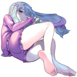 ;3 akira_tooru bad_id bad_pixiv_id barefoot blue_eyes bow closed_mouth eromanga_sensei foreshortening full_body hair_bow half-closed_eyes highres izumi_sagiri long_hair long_sleeves one_eye_closed pink_bow pink_shirt pink_shorts shirt short_shorts shorts silver_hair simple_background smile soles solo white_background