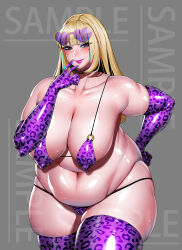 Rule 34 | 1girl, animal print, belly, big belly, bikini, blonde hair, blunt bangs, blush, breasts, choker, cleavage, clemvd, collarbone, covered erect nipples, cowboy shot, elbow gloves, eyeshadow, eyewear on head, fat, fat rolls, gloves, grey background, hand on own hip, heart, heart-shaped eyewear, highres, huge breasts, large breasts, leopard print, lipstick, long hair, looking at viewer, makeup, multicolored hair, navel, o-ring, original, plump, print bikini, print thighhighs, purple bikini, purple eyeshadow, purple gloves, purple lips, purple thighhighs, red eyes, sagging breasts, shiny skin, simple background, skindentation, solo, sunglasses, swimsuit, thick arms, thick thighs, thighhighs, thighs