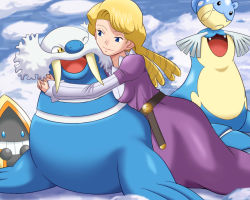00s 1girl blonde_hair blue_eyes breasts elite_four gen_3_pokemon glacia_(pokemon) hug ice lowres medium_breasts nintendo pokemoa pokemon pokemon_(creature) pokemon_rse sealeo snorunt spheal walrein