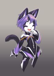 1girl android animal_ears animal_nose borrowed_character breasts cat cat_ears cat_girl cat_tail closed_eyes commentary english_commentary female_focus furry furry_female hand_on_own_face highres mao_(cotora) mechanization open_mouth original purple_hair short_hair small_breasts solo tail tyson_tan