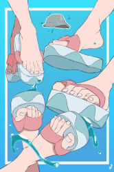 1girl absurdres artist_logo barefoot blue_background commentary crossed_legs english_commentary feet feet_on_chair flip-flops foot_focus gradient_background highres logo mohoshadream multiple_views original out_of_frame platform_sandals sandals spread_toes toenails toes water