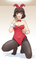 Rule 34 | 1girl, animal ears, black eyes, black hair, black pantyhose, bow, bowtie, breasts, cellphone, character request, cleavage, copyright request, detached collar, fake animal ears, full body, holding, holding phone, kneeling, leotard, looking at viewer, nontraditional playboy bunny, open mouth, pantyhose, phone, playboy bunny, rabbit ears, red bow, red bowtie, red leotard, reflection, selfie, short hair, side-tie leotard, smartphone, solo, strapless, strapless leotard, teeth, uona telepin, upper teeth only, wrist cuffs