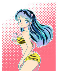 01angelegg 1girl animal_print bare_arms black_hair blue_eyes blue_hair border bra cowboy_shot floating_hair highres horns looking_at_viewer lum multicolored_hair outline panties pillarboxed pointy_ears print_bra print_panties red_background short_hair solo standing striped_bra striped_clothes striped_panties tiger_print two-tone_background two-tone_hair underwear underwear_only urusei_yatsura white_background white_border white_outline yellow_bra yellow_panties