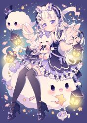 Rule 34 | 1girl, :d, black hat, black ribbon, black shoes, black thighhighs, blue background, blunt bangs, blush, bow, braid, closed mouth, cloud, commentary, dress, dress ribbon, feathered wings, frilled dress, frilled hairband, frilled thighhighs, frills, full body, ghost, hair bow, hair ornament, hair ribbon, hairband, hairclip, hat, hat bow, high heels, holding, holding lamp, holding star, holding stuffed toy, hyou (pixiv3677917), long hair, looking at viewer, open mouth, original, pocket watch, purple bow, purple dress, purple eyes, purple hairband, purple ribbon, ribbon, shoes, short sleeves, signature, single braid, sitting, smile, star (symbol), stuffed animal, stuffed rabbit, stuffed toy, thighhighs, watch, white hair, white wings, wings
