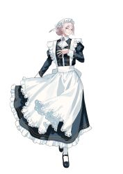 Rule 34 | 1boy, absurdres, apron, ascot, black dress, black shoes, blunt sidelocks, boys be maid!, brooch, bun with braided base, closed mouth, collared dress, contrast collar, crossdressing, crossdressing (mtf), double-parted bangs, dress, facing to the side, frilled dress, frills, full body, hair between eyes, hair bun, hand on own chest, hat, highres, jewelry, juliet sleeves, kisaki yoka, lace-trimmed apron, lace trim, long dress, long sleeves, looking at viewer, maid, male focus, male maid, mary janes, mob cap, mole, mole under eye, official art, pantyhose, petticoat, pink eyes, pink hair, puffy sleeves, second-party source, shoes, sidelocks, sideways glance, single hair bun, sleeve cuffs, smile, solo, standing, tachi-e, transparent background, trap, ugonba (howatoro), victorian maid, white apron, white ascot, white pantyhose