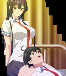 1boy 1girl absurdres anime_screenshot between_breasts black_hair black_skirt blush breasts collared_shirt hair_ribbon haite_kudasai_takamine-san highres indoors large_breasts long_hair lying_on_lap necktie necktie_between_breasts open_mouth parted_lips pleated_skirt purple_hair red_eyes red_necktie ribbon school_uniform shirota_takashi shirt short_sleeves skirt smile stitched takamine_takane third-party_edit very_long_hair white_ribbon white_shirt