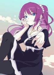Rule 34 | 1girl, bakemonogatari, black dress, black pantyhose, blue eyes, bow, breasts, closed mouth, dress, eyelashes, feet out of frame, gradient sky, hair ornament, hair scrunchie, hand up, heart, heart necklace, highres, ivuki, jewelry, knee up, looking at viewer, medium breasts, monogatari (series), necklace, official alternate costume, official alternate hairstyle, outdoors, pantyhose, pointing, pointing at viewer, ponytail, purple hair, scrunchie, senjougahara hitagi, short dress, short sleeves, sitting, sky, solo, twitter username, white bow