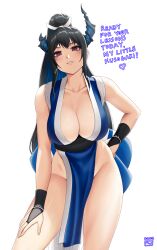 1girl absurdres asymmetrical_horns black_gloves black_hair blue_hair blue_kimono breasts bridal_gauntlets cleavage colored_inner_hair commentary commentary_request cosplay english_commentary fatal_fury finalcake gloves hand_on_own_hip hand_on_own_knee high_ponytail highres hololive hololive_english horns japanese_clothes kimono large_breasts leaning_forward long_hair looking_at_viewer mole mole_under_eye multicolored_hair nerissa_ravencroft parted_lips pelvic_curtain ponytail red_eyes revealing_clothes shiranui_mai shiranui_mai_(cosplay) sidelocks simple_background sleeveless slit_pupils solo uneven_horns very_long_hair virtual_youtuber white_background