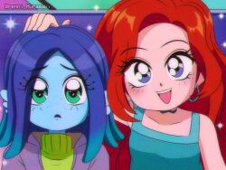 1990s_(style) 2girls animification blue_eyes blue_hair blue_skin brenni_murasaki chelsea_van_der_zee colored_skin dreamworks earrings eyelashes fins green_eyes green_hair green_sweater hand_on_another&#039;s_head head_fins hoop_earrings jewelry long_hair monster_girl multicolored_hair multiple_girls open_mouth red_hair retro_artstyle ruby_gillman ruby_gillman:_teenage_kraken smile sweater
