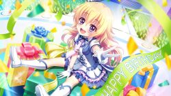 1girl audience between_legs birthday blonde_hair blue_dress blurry blurry_foreground boots box breasts confetti dress dutch_angle film_grain frilled_dress frills game_cg gift gift_box gloves glowstick hand_between_legs happy_birthday hasegawa_mii idol idol_clothes izumi_tsubasu knee_boots lens_flare long_hair looking_at_viewer necktie non-web_source official_art open_mouth outstretched_legs purple_eyes purple_necktie re:stage! sitting small_breasts smile solo sparkle sparkling_eyes stage stage_lights streamers teeth upper_teeth_only v white_boots white_gloves