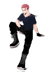 1boy alternate_costume arm_on_own_leg black_boots black_gloves black_pants black_shirt boots commentary_request fingerless_gloves full_body gloves hair_slicked_back highres knee_up lace-up_boots lance_(pokemon) male_focus matsukaze_mattya nintendo pants pokemon pokemon_hgss red_hair scar scar_on_arm shirt short_hair short_sleeves sideburns solo sweat t-shirt twitter_username very_sweaty
