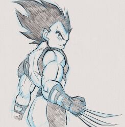 black_hair claw_(weapon) clenched_hand crossover dragon_ball dragonbof from_behind from_side gloves highres ink long_hair looking_back male_focus marvel mask muscular muscular_male simple_background sleeveless thick_eyebrows unworn_mask vegeta weapon white_background wolverine_(x-men) x-men