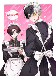 2boys absurdres apron black_dress black_hair blush border bow brown_hair closed_mouth crossdressing dress earrings eyepatch furrowed_brow hair_between_eyes heart heterochromia high_collar highres holding holding_tray jewelry looking_back maid_apron maid_headdress multicolored_hair multiple_boys parted_bangs sakura_haruka_(wind_breaker) short_hair smile speech_bubble suo_hayato tassel tassel_earrings thought_bubble tray two-tone_hair white_border white_bow white_hair wind_breaker_(nii_satoru) yorimeow