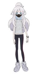 1girl bags_under_eyes black_pants blue_eyes bracelet deux_murasame freckles full_body gundam gundam_gquuuuuux high_ponytail highres jewelry jitome long_hair looking_at_viewer mask mouth_mask official_art pants plaid_clothes plaid_scarf ponytail scarf shirt shoes simple_background sleeveless sleeveless_shirt sneakers solo standing striped_clothes striped_pants striped_shirt transparent_background vertical-striped_clothes vertical-striped_shirt white_hair white_shirt