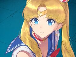 1girl bishoujo_senshi_sailor_moon blonde_hair blue_eyes blue_sailor_collar breasts choker cleavage commentary_request derivative_work heart heart_choker highres hitoto long_hair looking_at_viewer meme neckerchief parted_bangs parted_lips red_choker red_neckerchief sailor_collar sailor_moon sailor_moon_redraw_challenge_(meme) sailor_senshi_uniform screenshot_redraw shirt short_sleeves solo upper_body white_shirt