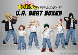1girl 5boys aizawa_shota armpits bakugou_katsuki belt black_eyes black_hair blonde_hair blue_eyes boku_no_hero_academia brown_eyes brown_hair burn_scar eyepatch facial_hair freckles green_eyes green_hair grey_eyes headphones heterochromia horikoshi_kouhei jacket medium_hair microphone midoriya_izuku multicolored_hair multiple_boys muscular muscular_male official_alternate_costume official_art pants pectoral_cleavage pectorals present_mic radio scar scar_across_eye scar_on_face shirt shirt_tucked_in shoes short_hair spiked_hair standing sunglasses tank_top todoroki_shouto uraraka_ochako