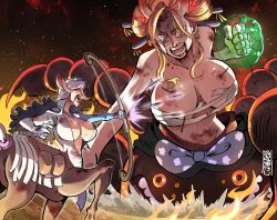2girls absurdres arachne archer_(fate) archery arthropod_girl battle_damage black_maria_(one_piece) blood breasts centaur chest_sarashi cleavage fate_(series) female_focus fighting giant giantess highres horns huge_breasts insect_girl monster_girl multiple_girls one_piece sarashi speed_(one_piece) spider_girl taur torn_sarashi wounds
