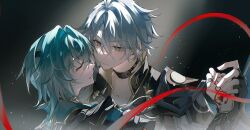 2boys anaxa_(honkai:_star_rail) aqua_hair black_jacket blue_eyes closed_mouth collarbone dancing fingerless_gloves gloves grey_hair highres honkai:_star_rail honkai_(series) jacket male_focus medium_hair multiple_boys phainon_(honkai:_star_rail) red_tattoo short_hair smile thorn72132528 upper_body