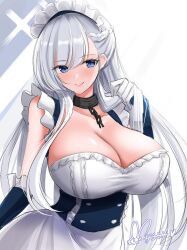 1girl apron azur_lane bare_shoulders belfast_(azur_lane) blue_eyes blush braid breasts broken broken_chain chain cleavage collar collarbone dress frills gloves hisin large_breasts long_hair looking_at_viewer maid maid_apron maid_headdress smile solo upper_body white_gloves white_hair