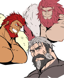 Rule 34 | 3boys, absurdres, animal ears, bara, beard, black hair, brown eyes, caineghis (fire emblem), commentary request, cropped shoulders, facial hair, fate/zero, fate (series), fire emblem, fire emblem: path of radiance, fire emblem: radiant dawn, full beard, grey hair, grin, highres, iskandar (fate), kaeru333938123, male focus, multicolored hair, multiple boys, muscular, muscular male, mustache, nintendo, nipples, pompey (zenless zone zero), red eyes, red hair, scar, scar on face, short hair, simple background, smile, two-tone hair, white background, zenless zone zero