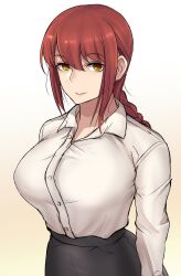 1girl absurdres altronage black_pants braid breasts chainsaw_man collared_shirt commentary dress_shirt english_commentary gradient_background hair_between_eyes highres large_breasts looking_at_viewer makima_(chainsaw_man) pants ponytail red_hair ringed_eyes shirt sidelocks single_braid smile standing white_shirt yellow_eyes