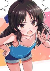 1girl angry blue_bow blue_shirt blue_shorts blush bow brown_eyes brown_hair collarbone commentary_request flat_chest gradient_background hair_bow hand_on_own_hip highres idolmaster idolmaster_cinderella_girls index_finger_raised leaning_forward long_hair looking_at_viewer nonchan open_mouth orange_background pink_background puff_of_air shirt short_shorts shorts sidelocks solo sparkle tachibana_arisu tank_top thighs v-shaped_eyebrows