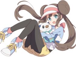 1girl :d aqua_eyes blue_shoes bright_pupils brown_hair commentary_request double_bun floating_hair fujiyama_(yellow) gen_5_pokemon hair_bun happy holding holding_pokemon long_hair looking_at_viewer nintendo open_mouth oshawott pantyhose pink_socks pokemon pokemon_(creature) pokemon_bw2 raglan_sleeves rosa_(pokemon) shirt shoes shorts simple_background smile socks twintails visor_cap white_background white_pupils yellow_shorts