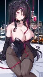 Rule 34 | 1girl, alcohol, animal ears, azur lane, bare shoulders, black choker, black leotard, black pantyhose, blush, breasts, choker, cleavage, closed mouth, collarbone, colored inner hair, cup, detached sleeves, eyes visible through hair, fake animal ears, hair between eyes, highres, holding, hwansang jungdog, indoors, large breasts, leotard, long sleeves, looking at viewer, multicolored hair, official alternate costume, pantyhose, purple eyes, purple hair, rabbit ears, sitting, smile, solo, thigh strap, thighs, wine, z11 (azur lane), z11 (service sincerity and insolvency) (azur lane)