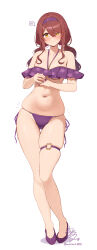1girl absurdres bare_shoulders bikini blush breasts brown_hair commentary_request full_body hair_between_eyes highres idolmaster idolmaster_shiny_colors legs long_hair medium_breasts navel o-ring o-ring_thigh_strap osaki_tenka own_hands_together purple_bikini purple_footwear purple_nails simple_background skindentation solo spoken_blush standing stomach swimsuit thigh_strap twitter_username wanimaru white_background yellow_eyes