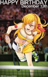 1girl artist_name audience banghwadongjopidi bare_shoulders blonde_hair blurry blurry_background blush boots braid breasts chain chain_bracelet chain_necklace character_name cleavage collarbone commentary_request copyright_name crop_top crown_braid dated english_text erial_(master_of_eternity) flying_sweatdrops gem groin hair_ribbon happy_birthday highres holding holding_racket jewelry korean_commentary large_breasts leaning_forward long_hair master_of_eternity mole mole_under_eye motion_blur navel necklace open_mouth partial_commentary photo_background playing_sports racket red_gemstone red_ribbon ribbon ribbon_braid sidelocks single_thigh_boot skirt smile solo_focus standing standing_on_one_leg star_(symbol) star_pendant strapless sweat teeth tennis tennis_court tennis_net thigh_boots tube_top two-tone_skirt upper_teeth_only white_footwear white_skirt wristband yellow_eyes yellow_skirt