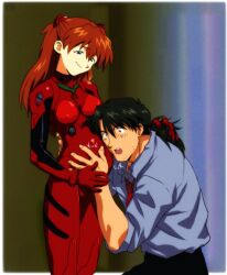 Rule 34 | 1boy, 1girl, age difference, amondetauro, black hair, blue shirt, bodysuit, breasts, half updo, hetero, highres, interface headset (evangelion), kaji ryouji, low ponytail, mature male, necktie, neon genesis evangelion, orange hair, ponytail, pregnant, red bodysuit, red necktie, shirt, small breasts, smile, souryuu asuka langley