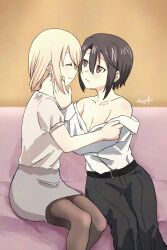 2girls absurdres bed belt black_hair blonde_hair breasts cleavage closed_eyes collarbone earrings hands_on_another&#039;s_face highres indoors jewelry kuro_(ninkoro) long_hair looking_at_another medium_breasts mole mole_under_mouth multiple_girls mutsuki_(mutsuki0110) ninja_to_koroshiya_no_futarigurashi on_bed pants pantyhose purple_eyes shirt short_hair signature sitting skirt smile yuri yuriko_(ninkoro)