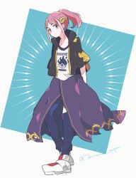 Rule 34 | 1girl, absurdres, arched bangs, artist name, blue background, brown eyes, closed mouth, cosplay, drayton (pokemon), drayton (pokemon) (cosplay), full body, hair ornament, hairclip, highres, lacey (pokemon), nintendo, pink hair, pokemon, pokemon sv, ponytail, print shirt, shinogo no, shirt, smile, solo, standing, twitter username, two-tone background, white background, white shirt