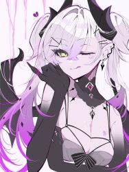 1girl bare_shoulders black_hands body_markings bra breasts choker colored_extremities crossed_bangs demon_girl demon_horns demon_wings detached_collar ear_piercing earrings fate/grand_order fate_(series) gradient_hair green_eyes grey_bra grey_hair hair_between_eyes hair_ornament hairclip highres horns i10_ksw jewelry licking_lips lilith_(fate) lilith_(second_ascension)_(fate) long_hair looking_at_viewer medium_breasts multicolored_hair one_eye_closed piercing pointy_ears purple_hair smile solo tongue tongue_out twintails underwear very_long_hair wings