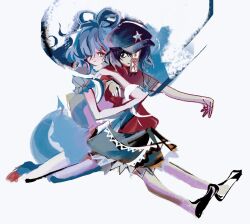 2girls 6osquet black_eyes black_shoes black_skirt blue_dress blue_hair closed_mouth dress full_body hair_over_one_eye hair_rings hat hat_ornament hug hug_from_behind jiangshi kaku_seiga looking_at_viewer miyako_yoshika multiple_girls newsboy_cap ofuda pale_skin purple_hair purple_hat red_shirt shirt shoes short_hair short_sleeves simple_background skirt smile star_(symbol) star_hat_ornament touhou white_background