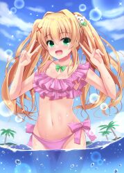 1girl :d alternate_costume bare_shoulders bear_hair_ornament bikini blonde_hair blush bow bow_bikini bowtie breasts cleavage colored_eyelashes commentary_request cowboy_shot double_v eyes_visible_through_hair floating_hair frilled_bikini frills green_bow green_bowtie green_eyes hair_between_eyes hair_bow hair_intakes hair_ornament hands_up happy highres jewelry long_hair looking_at_viewer minatoto navel necklace ocean open_mouth palm_tree pink_bikini pink_bow sidelocks small_breasts smile solo stomach summer_pockets swimsuit thigh_gap tree tsumugi_wenders twintails v w_arms wading water wet x_hair_ornament