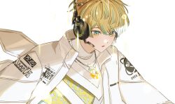 Rule 34 | 1boy, :o, blonde hair, blue eyes, blue hair, blue shirt, coat, hair between eyes, hashtag-only commentary, headgear, hibachi mana, hibachi mana (1st costume), highres, jewelry, jing (0r1 4), long sleeves, male focus, multicolored eyes, multicolored hair, multicolored shirt, necklace, nijisanji, open clothes, open coat, shirt, short hair, simple background, solo, streaked hair, turtleneck, upper body, virtual youtuber, white background, white coat, white shirt, yellow eyes, yellow shirt