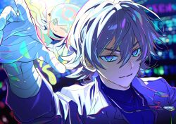 Rule 34 | bandaged arm, bandages, black shirt, blue eyes, blurry, blurry background, colored skin, digimon, digimon (creature), digimon ghost game, fang, grey hair, higashimitarai kiyoshiro, highres, jacket, jellymon, ojing oppa (o b s 00), open clothes, open jacket, pink skin, shirt, short hair, upper body