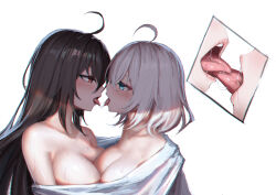 2girls absurdres ahoge aqua_eyes bare_shoulders black_hair blush breasts cleavage collarbone commentary_request eye_contact french_kiss from_side hair_between_eyes highres incest kiss kiss_focus large_breasts looking_at_another mole mole_on_breast multiple_girls open_mouth original photoshop_(medium) red_eyes saliva saliva_trail shared_towel short_hair siblings simple_background sisters straight_hair tongue tongue_out upper_body white_background white_hair yuri yurika-r