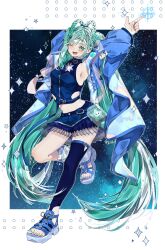 Rule 34 | 1girl, aqua eyes, aqua hair, aqua nails, arm behind head, armpits, arms up, asymmetrical legwear, blue jacket, blue skirt, blue thighhighs, blush, braid, breasts, commentary, crop top, hair between eyes, hair ornament, hatsune miku, highres, jacket, long hair, long sleeves, magical mirai (vocaloid), magical mirai miku, magical mirai miku (2025), manya sora, medium breasts, midriff, nail polish, official alternate costume, official alternate hairstyle, one eye closed, open clothes, open jacket, open mouth, pleated skirt, skirt, sky, smile, solo, star (sky), star (symbol), star hair ornament, starry sky, stomach, thighhighs, toenail polish, toenails, twin braids, twintails, very long hair, vocaloid